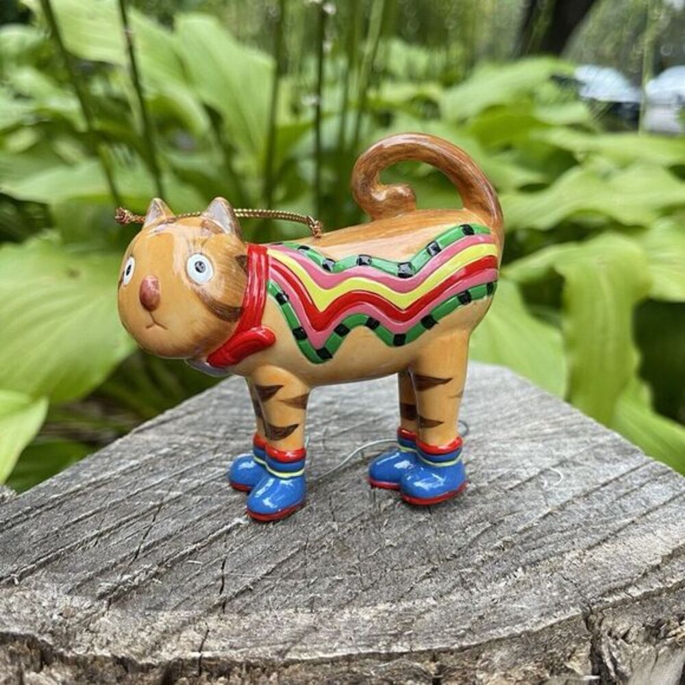Colorful Folk Art Orange‎ Tabby Cat Purple Boots Christmas Ornament Western